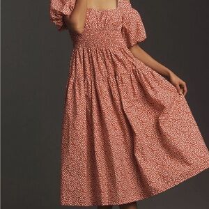 Anthropologie - Puff-Sleeve Smocked Poplin Midi Dress